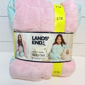 Lands' End Youth Pajama 3 Piece Set Aqua and Pink Small 7/8 New